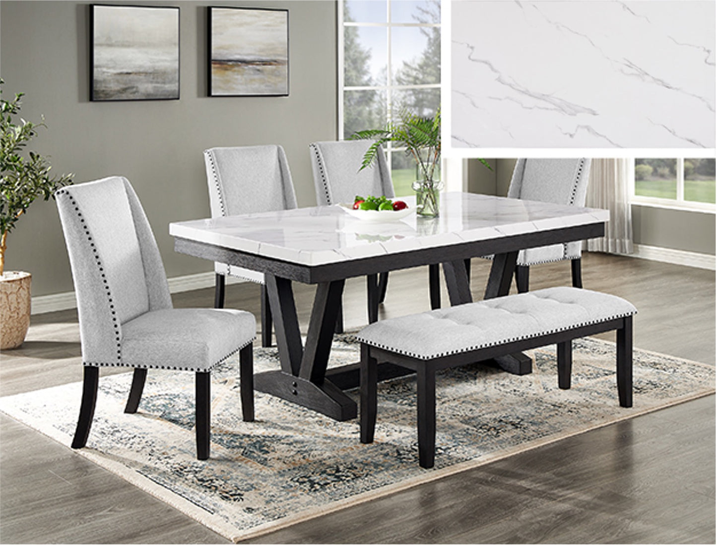5pc TBL/WING CHAIRS,BENCH fuax marable