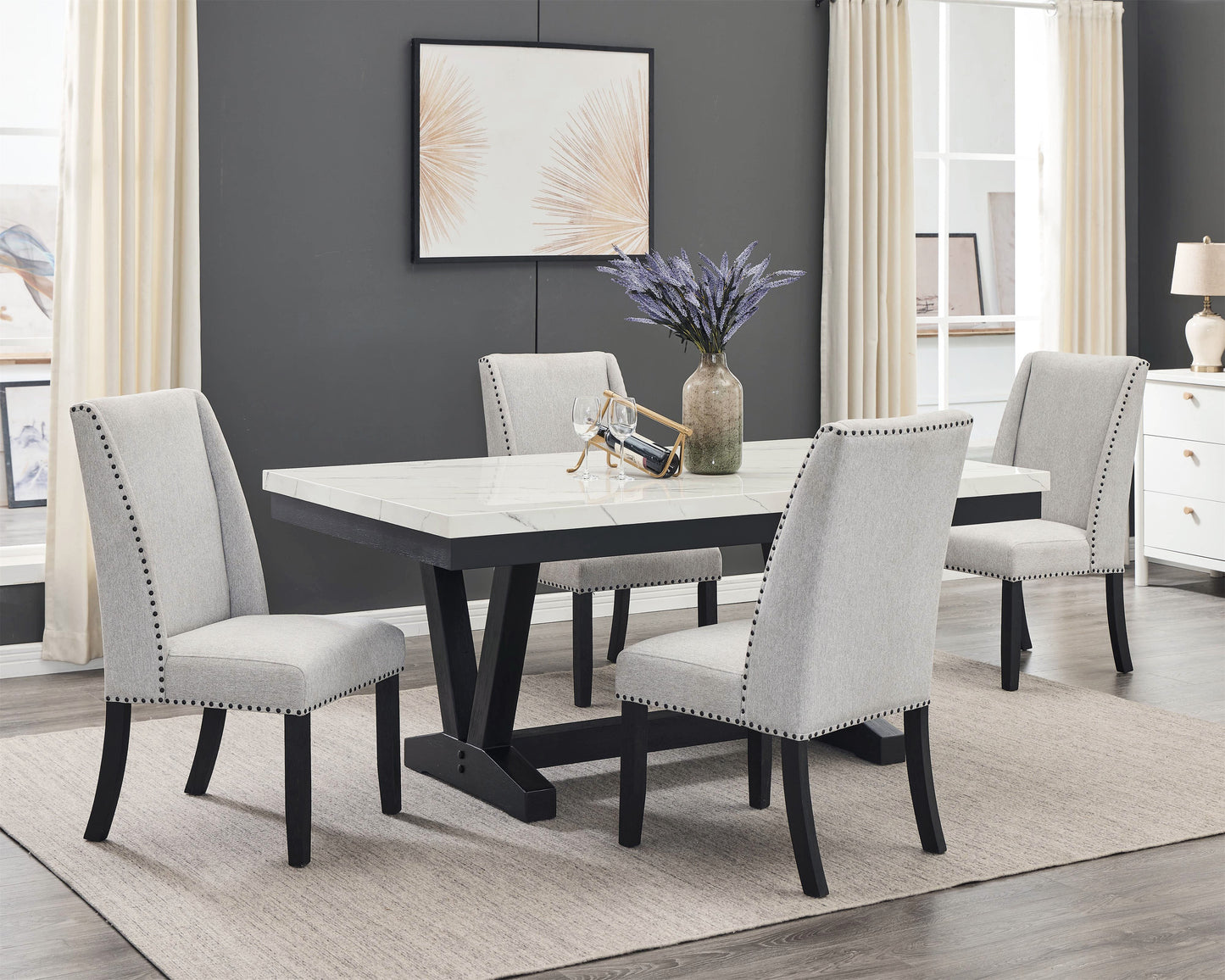 5pc TBL/WING CHAIRS,BENCH fuax marable