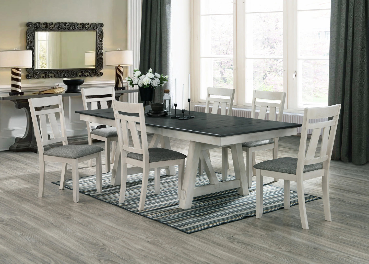 6P W/BENCH CHALK WARMGREY dinng table