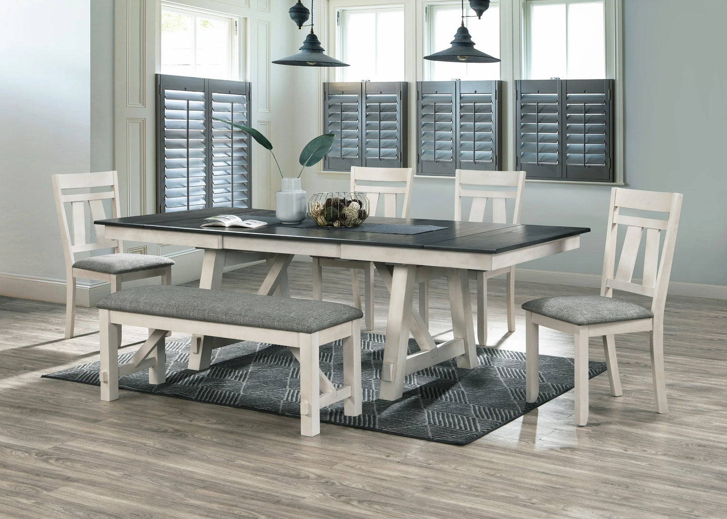 6P W/BENCH CHALK WARMGREY dinng table