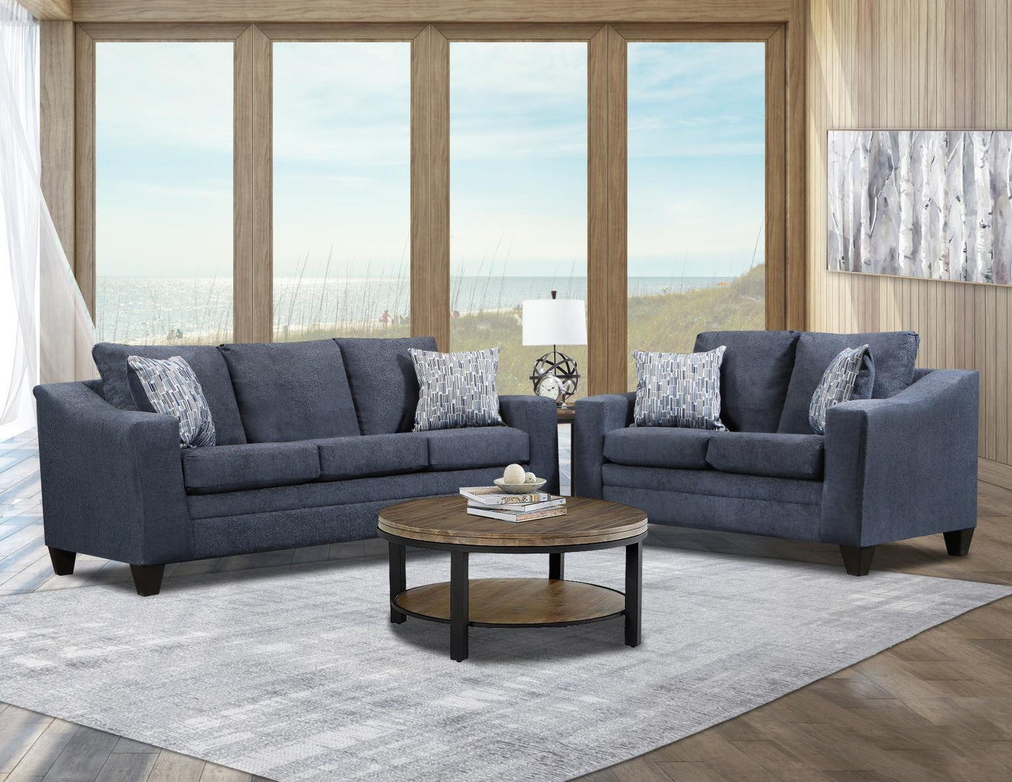 navy blue -sofa and love seat