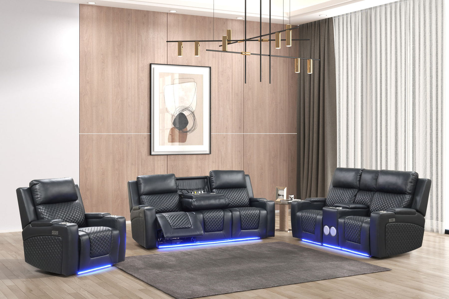 3 peiece leather sofa LED/Bluooth speaker charging ports