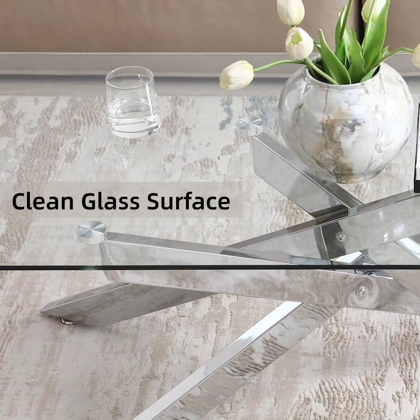 Rectangle Modern Coffee Table, Tempered Glass Top and Metal Tubular Leg,