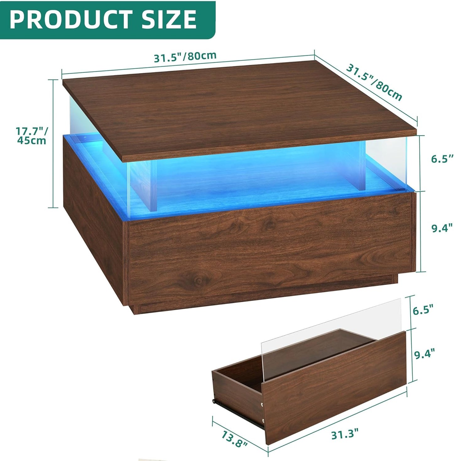 LED Coffee Tables for Living Room with Storage 2 Drawers, Brown color