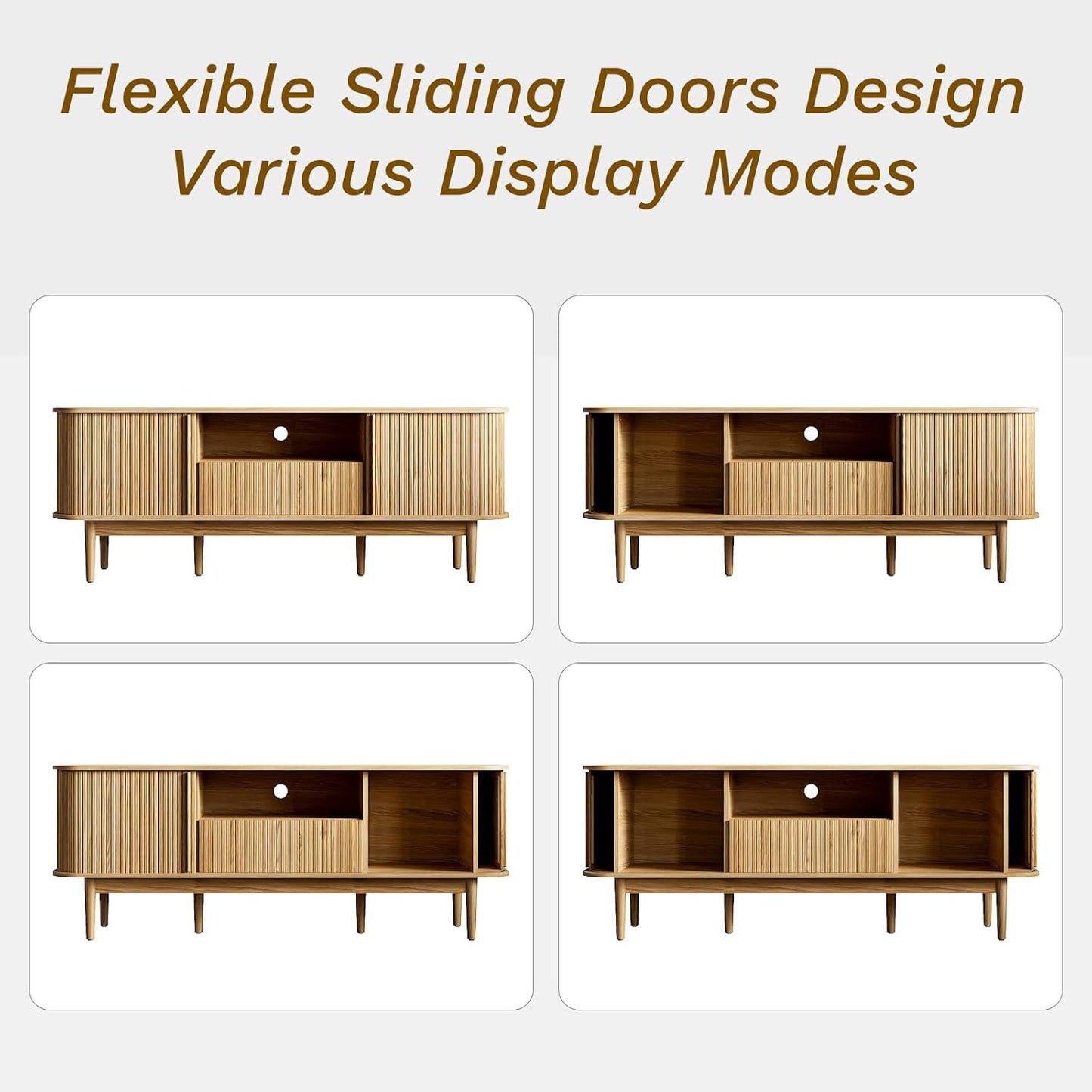 63" , Fluted TV Stand for TVs up to 70'', Modern Entertainment Center with Storage, Wood Media Console with Sliding Doors for Bedroom, Living Room, Natural