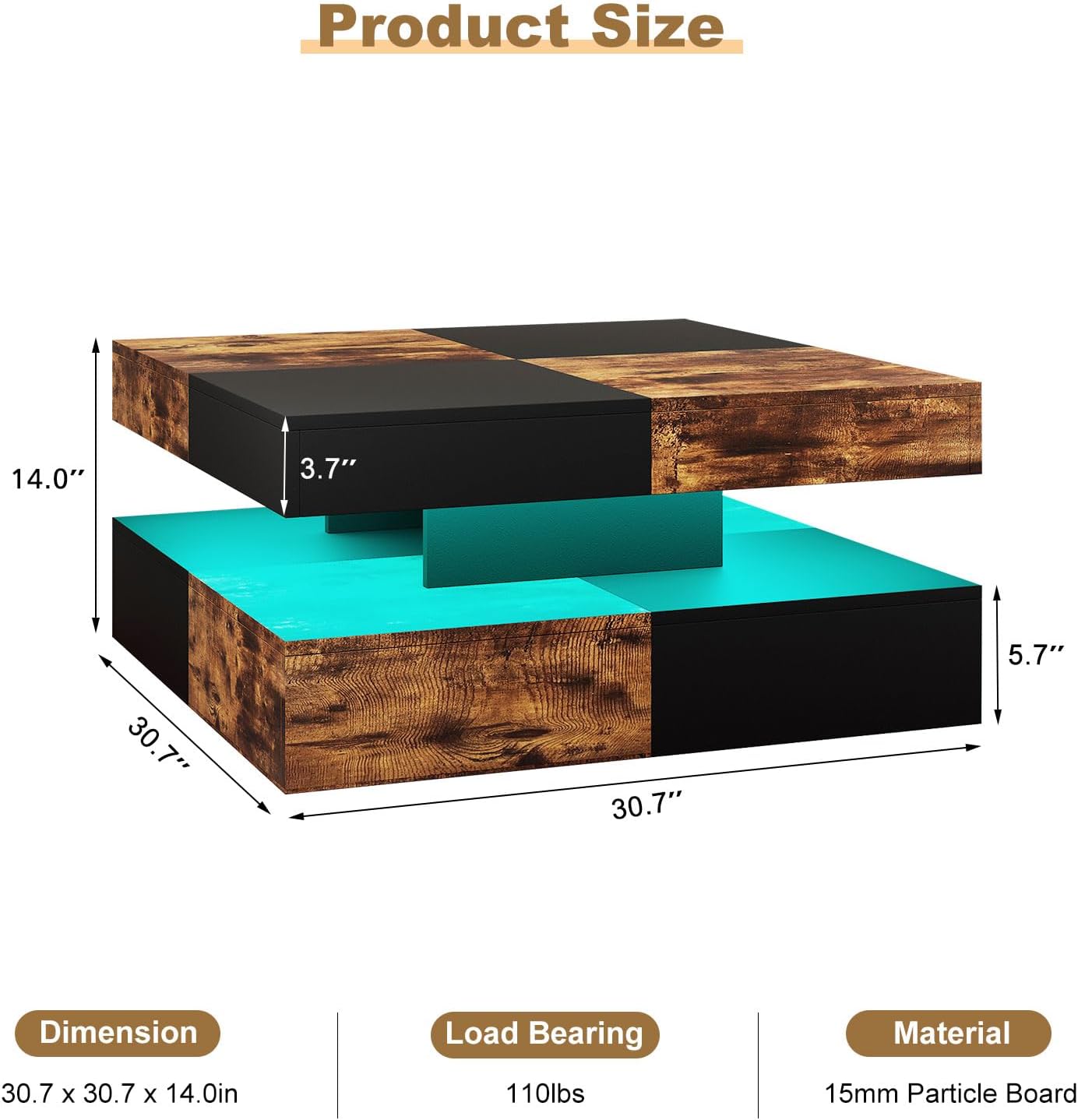 LED Coffee Table for Living Room, Living Room Table 2-Tier Square Middle Center, Modern Coffee Tables with Storage, Contemporary Wood Tea Table for Dining Reception, Rustic Brown