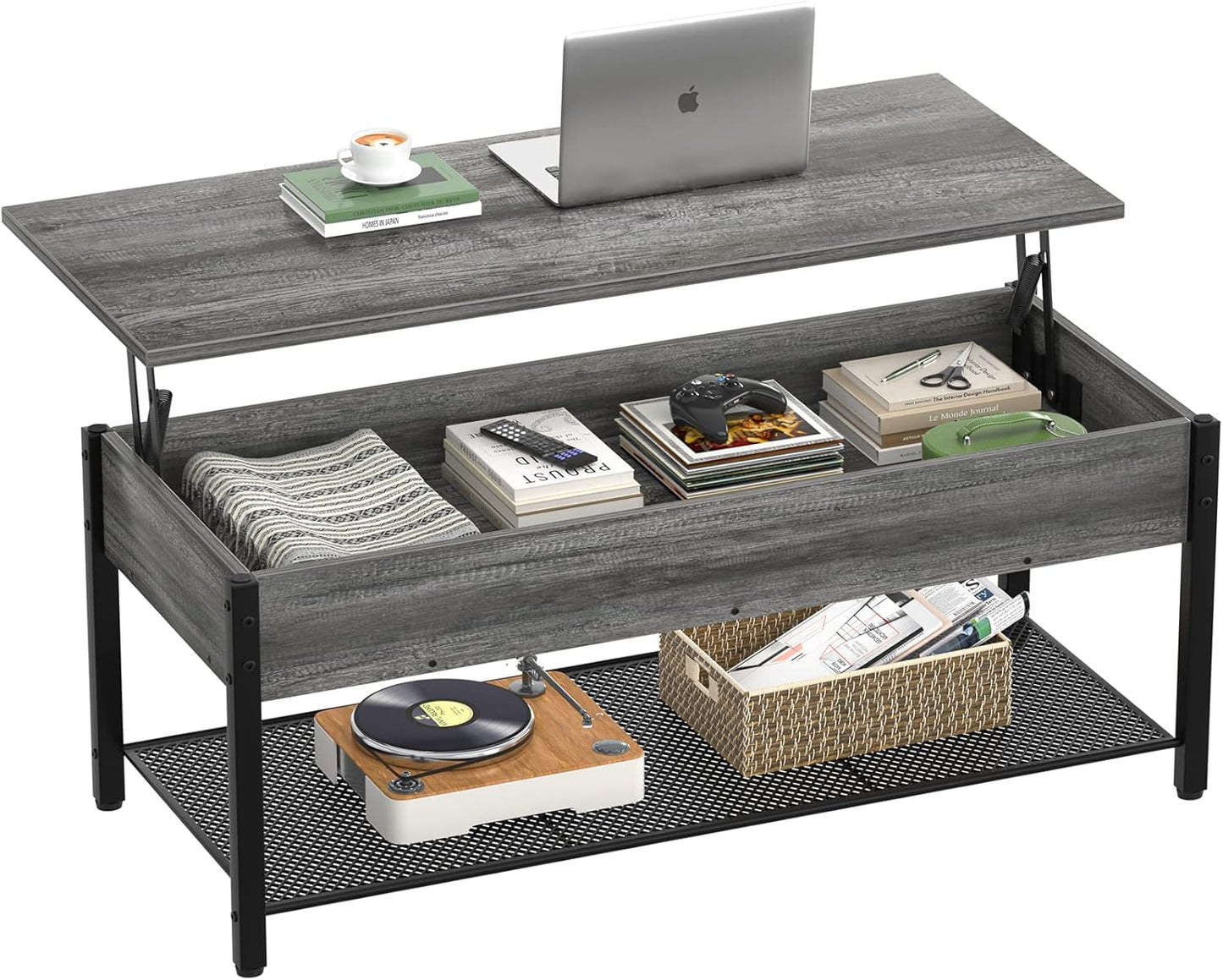 Black oak Lift Top Coffee Table with Storage Shelf and Hidden Compartment,