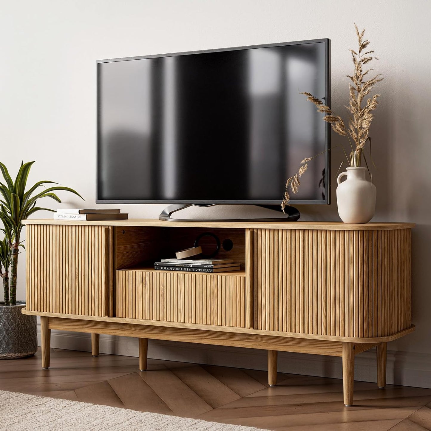 63" , Fluted TV Stand for TVs up to 70'', Modern Entertainment Center with Storage, Wood Media Console with Sliding Doors for Bedroom, Living Room, Natural