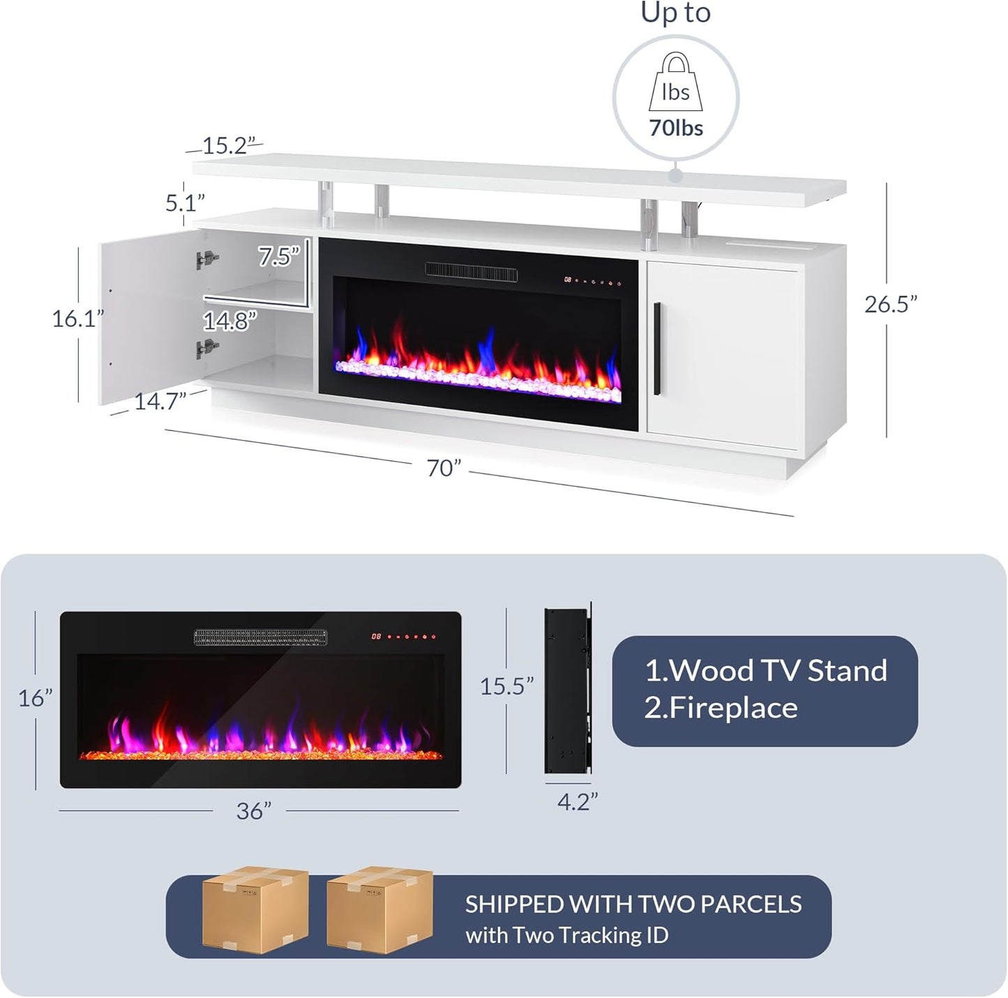 Fireplace TV Stand for TVs Up to 80", LED Light Entertainment Center with 36" Electric Fireplace Heater, Storage Cabinet, Media Console Table for Living Room
