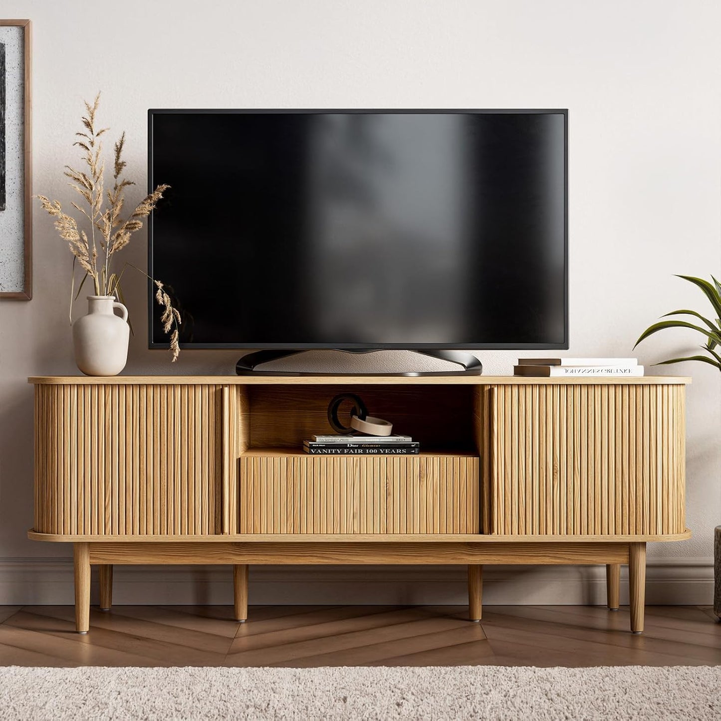 63" , Fluted TV Stand for TVs up to 70'', Modern Entertainment Center with Storage, Wood Media Console with Sliding Doors for Bedroom, Living Room, Natural