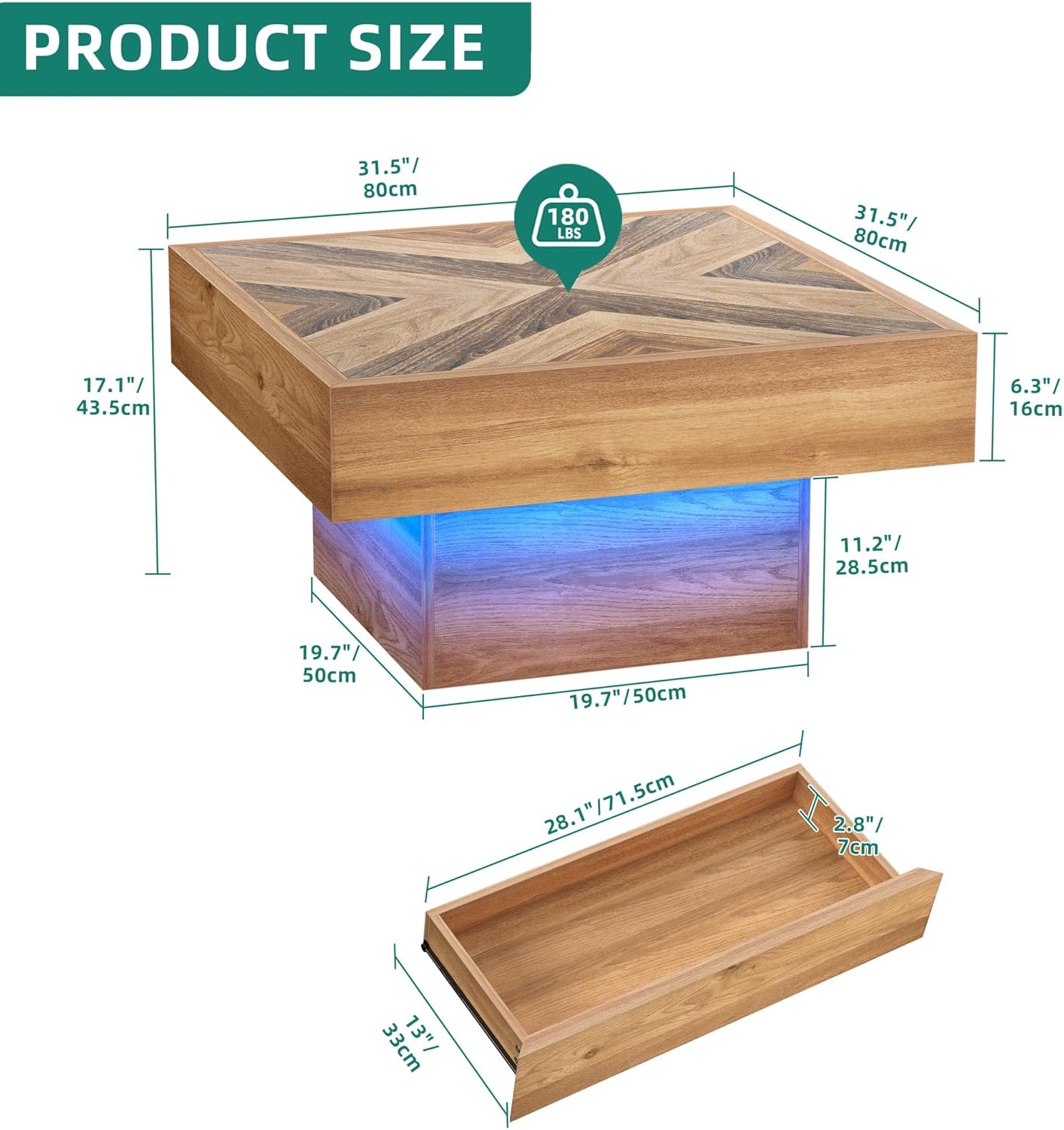 LED Natural Wood Coffee Table with 2 Drawers Storage, Square Modern
