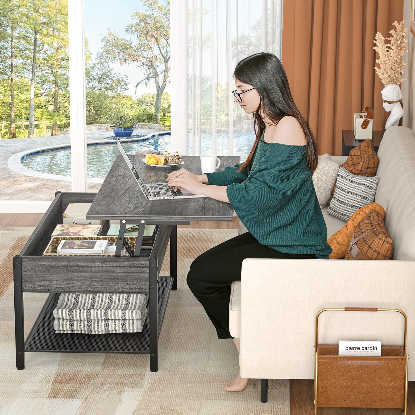 Black oak Lift Top Coffee Table with Storage Shelf and Hidden Compartment,