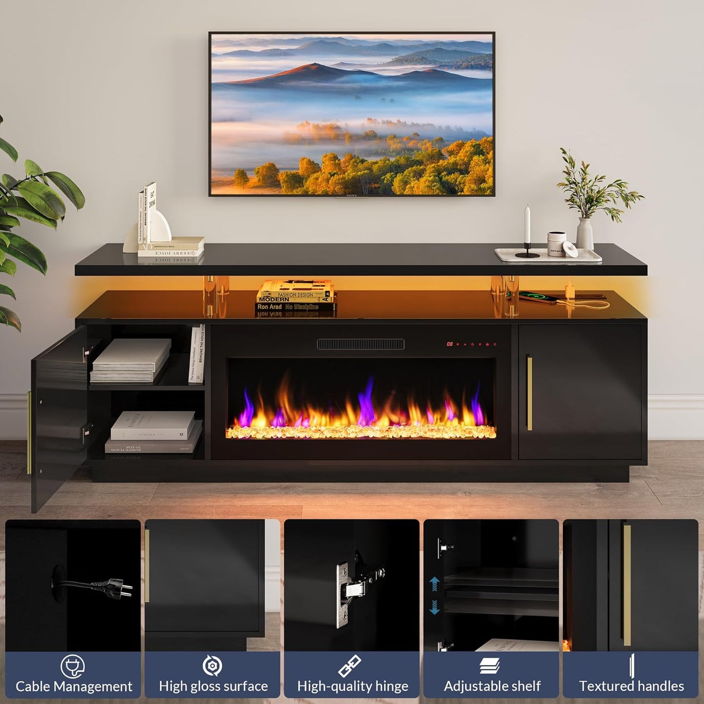 Fireplace TV Stand for TVs Up to 80", LED Light Entertainment Center with 36" Electric Fireplace Heater, Storage Cabinet, Media Console Table for Living Room