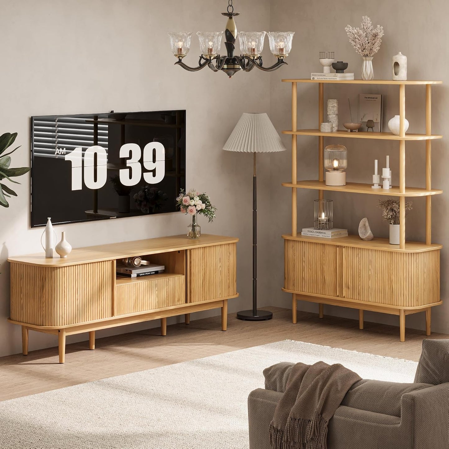63" , Fluted TV Stand for TVs up to 70'', Modern Entertainment Center with Storage, Wood Media Console with Sliding Doors for Bedroom, Living Room, Natural