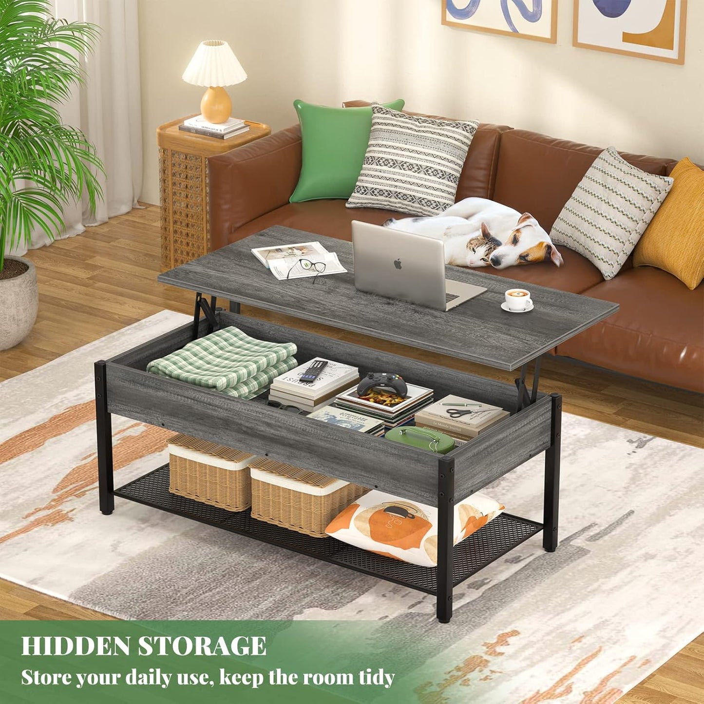 Black oak Lift Top Coffee Table with Storage Shelf and Hidden Compartment,