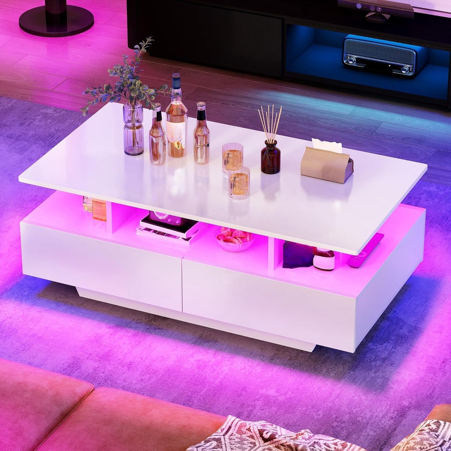 LED Coffee Tables for Living Room, High Glossy Coffee Table with Storage 4 Sliding Drawers, Small Rectangular LED Coffee Table Center Table with Open Display Shelf