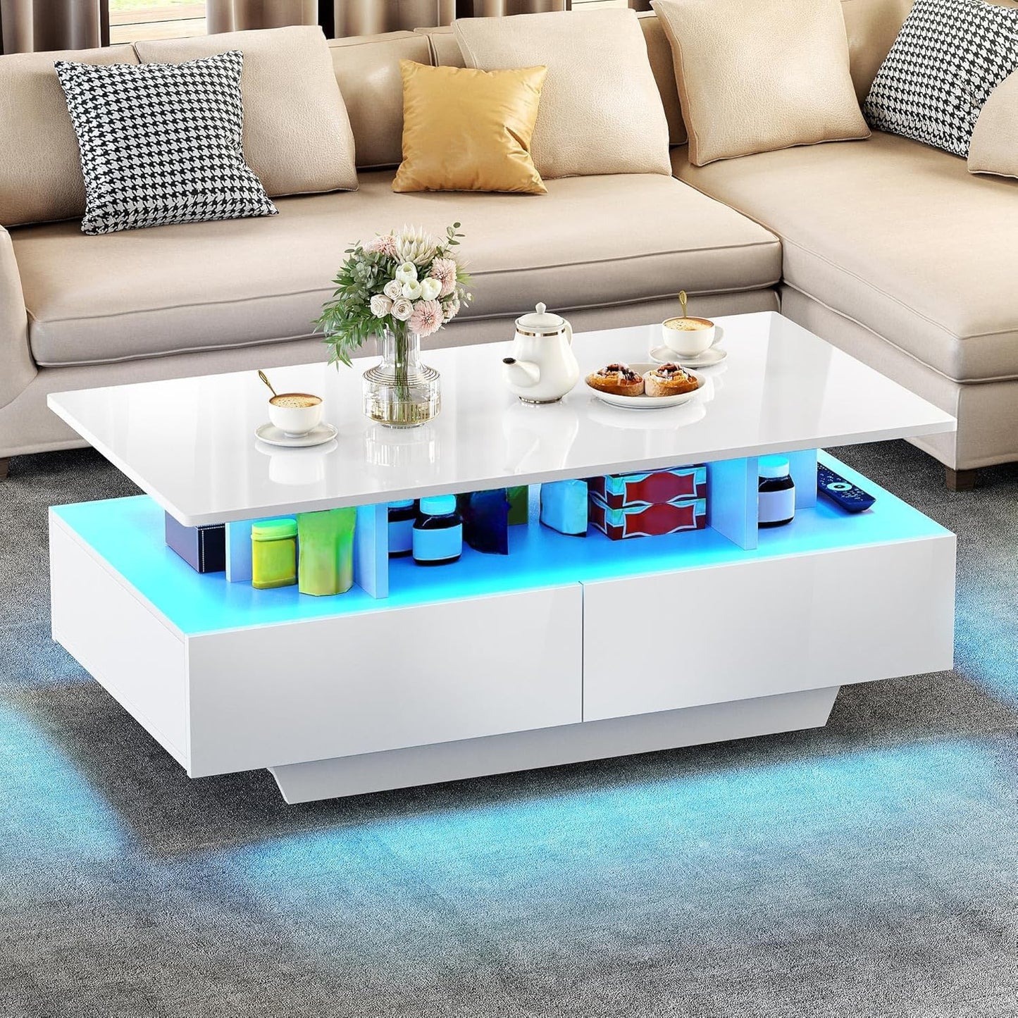 LED Coffee Tables for Living Room, High Glossy Coffee Table with Storage 4 Sliding Drawers, Small Rectangular LED Coffee Table Center Table with Open Display Shelf