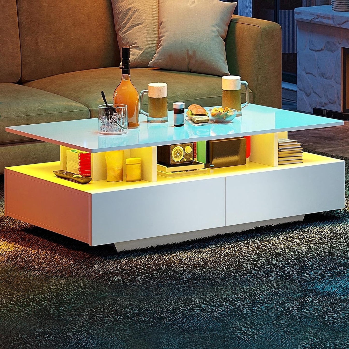 LED Coffee Tables for Living Room, High Glossy Coffee Table with Storage 4 Sliding Drawers, Small Rectangular LED Coffee Table Center Table with Open Display Shelf