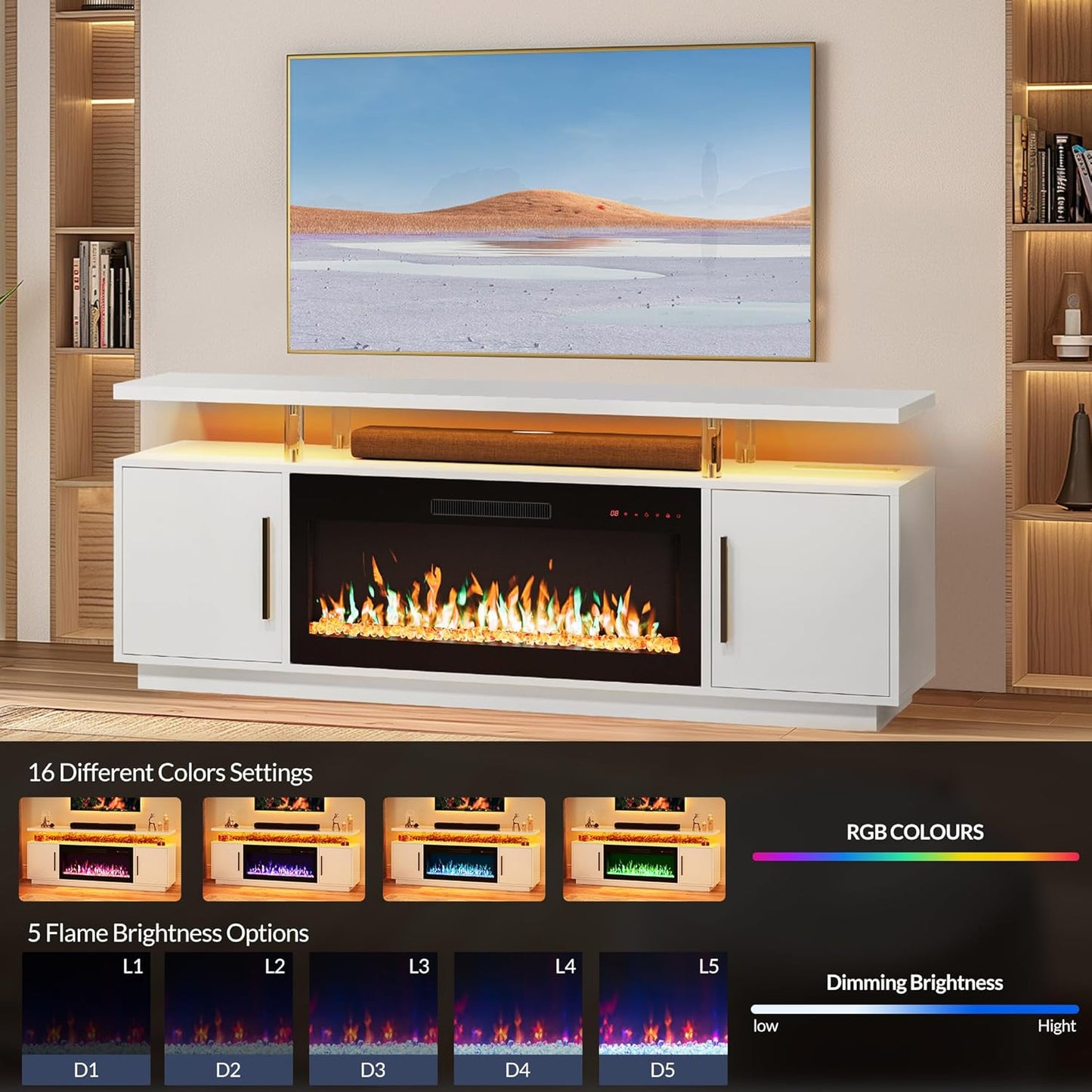 Fireplace TV Stand for TVs Up to 80", LED Light Entertainment Center with 36" Electric Fireplace Heater, Storage Cabinet, Media Console Table for Living Room