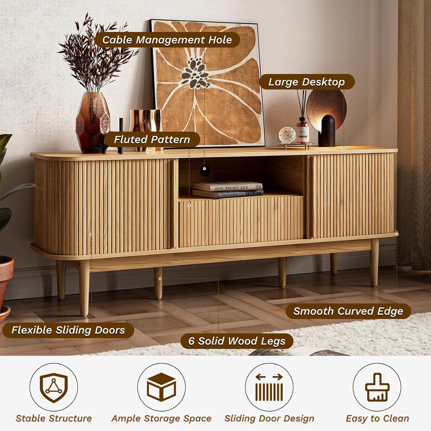 63" , Fluted TV Stand for TVs up to 70'', Modern Entertainment Center with Storage, Wood Media Console with Sliding Doors for Bedroom, Living Room, Natural