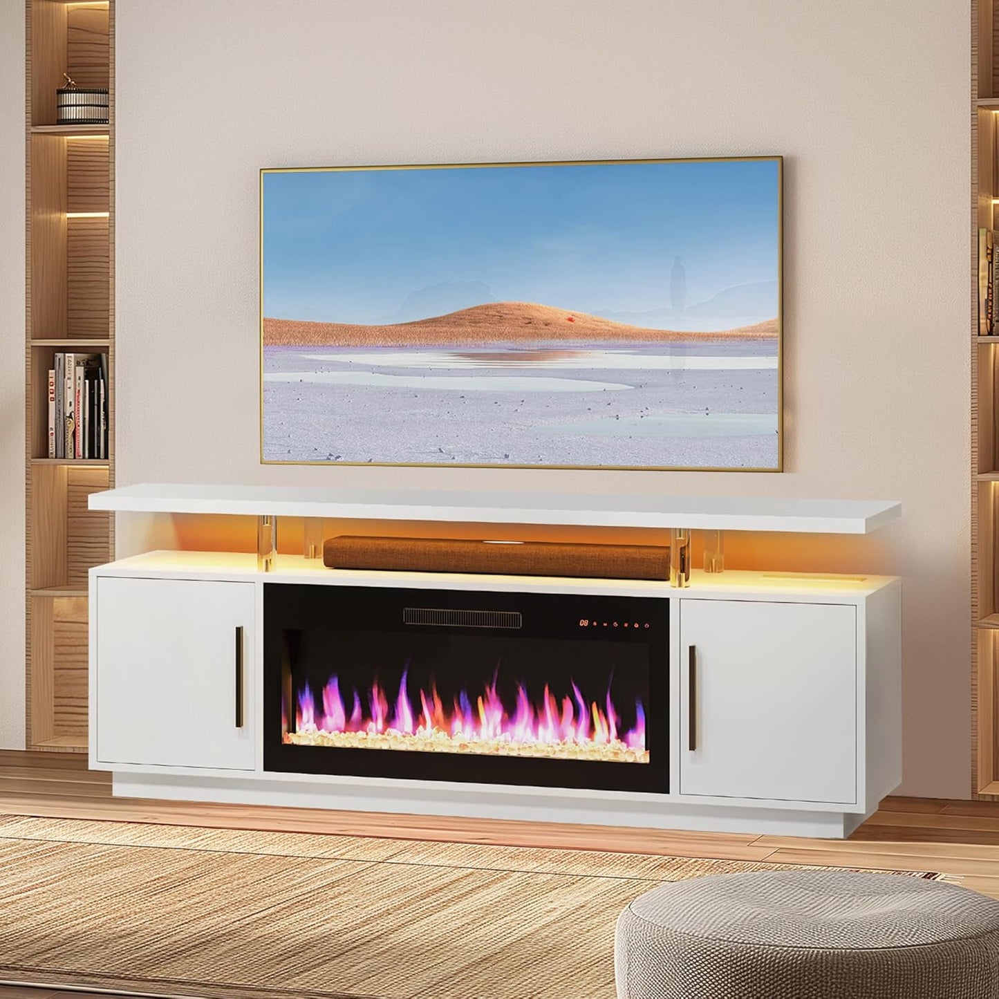 Fireplace TV Stand for TVs Up to 80", LED Light Entertainment Center with 36" Electric Fireplace Heater, Storage Cabinet, Media Console Table for Living Room