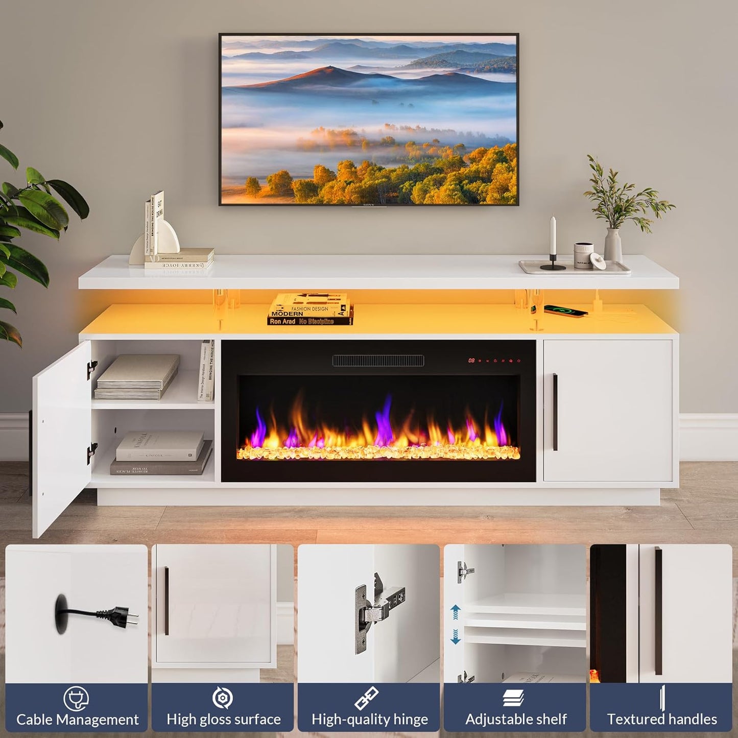 Fireplace TV Stand for TVs Up to 80", LED Light Entertainment Center with 36" Electric Fireplace Heater, Storage Cabinet, Media Console Table for Living Room