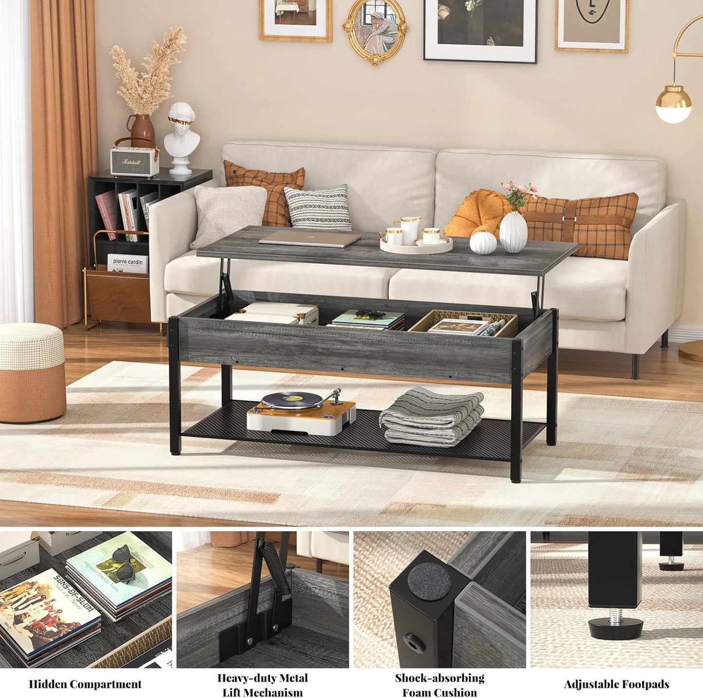 Black oak Lift Top Coffee Table with Storage Shelf and Hidden Compartment,