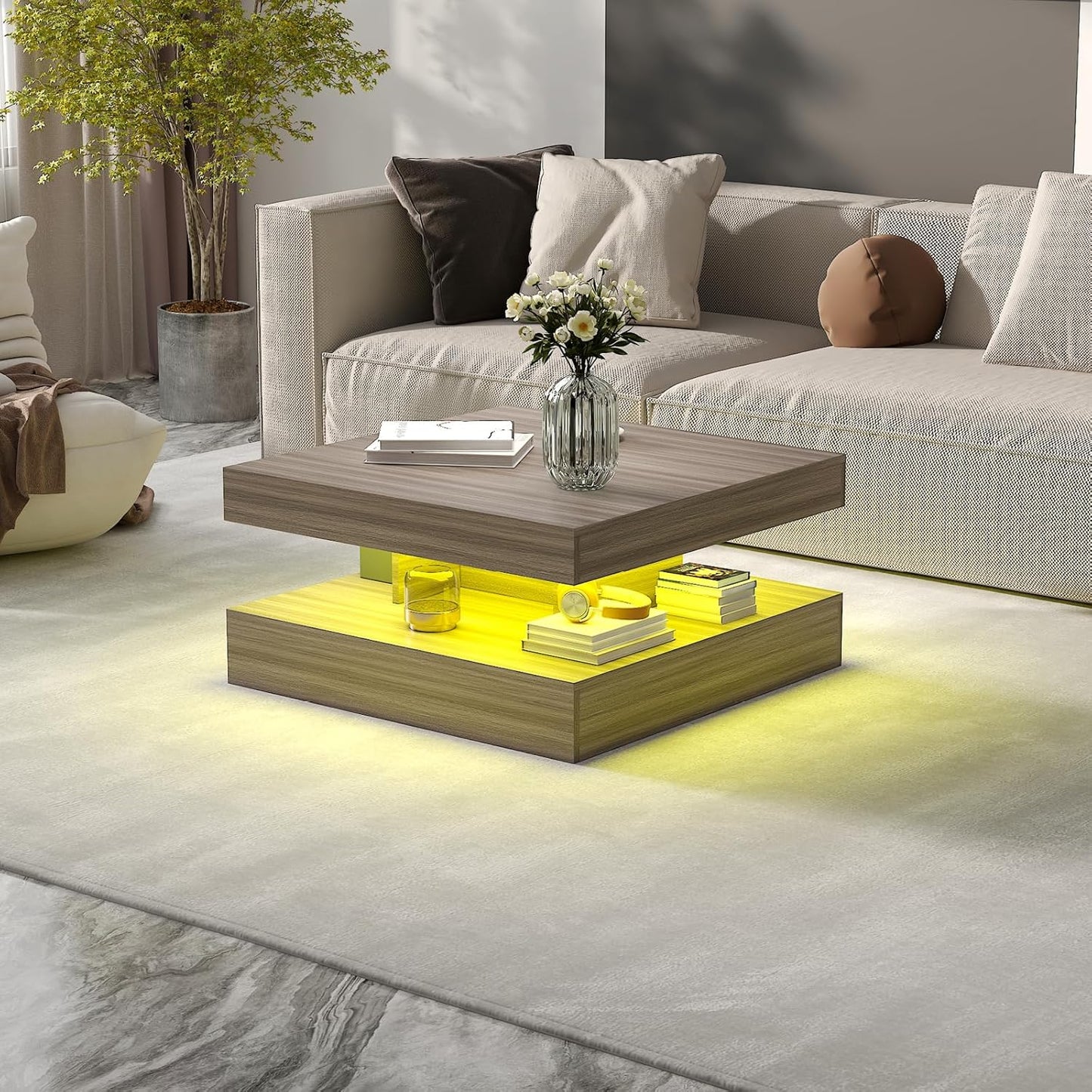 LED Coffee Table for Living Room, Living Room -Grey Wood