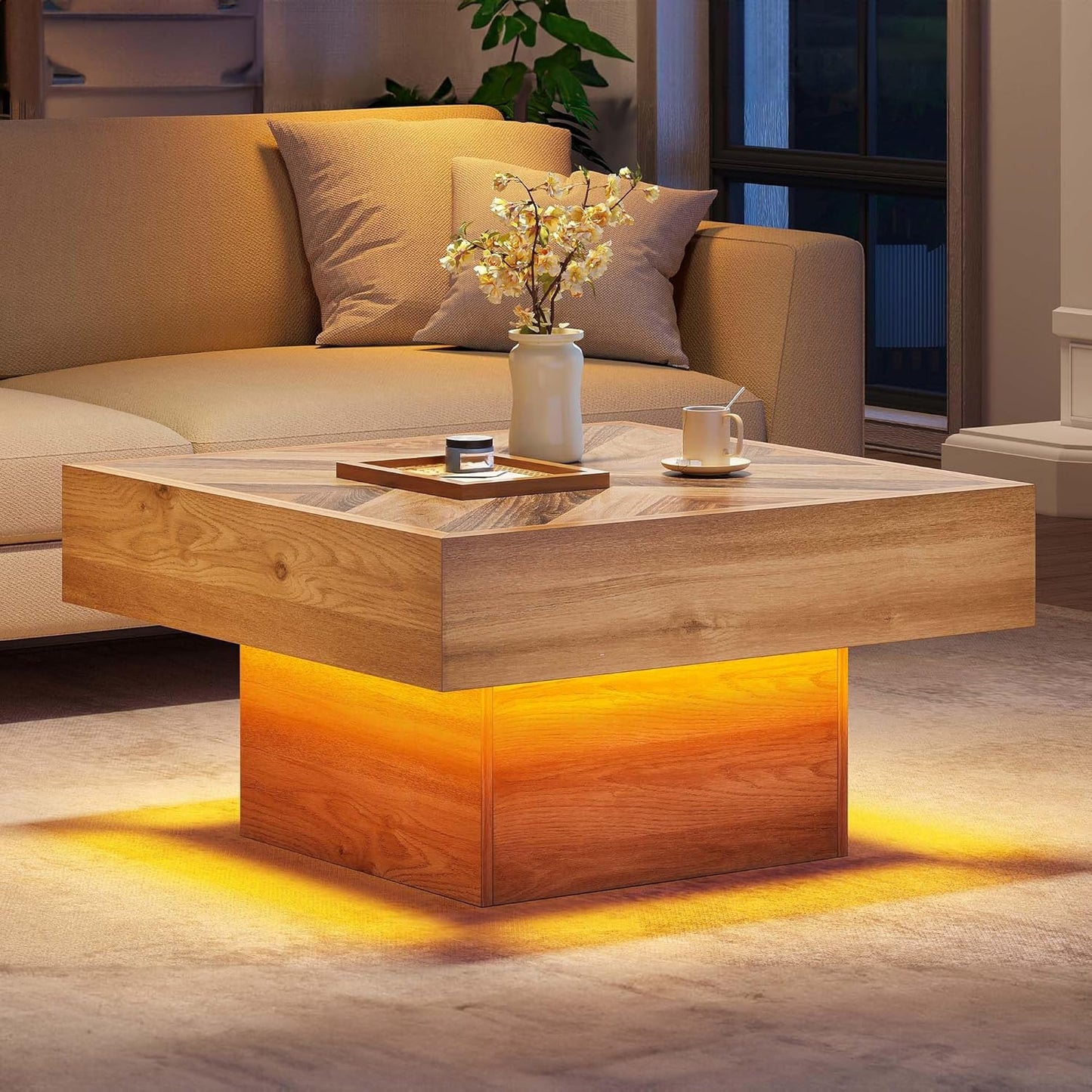 LED Natural Wood Coffee Table with 2 Drawers Storage, Square Modern