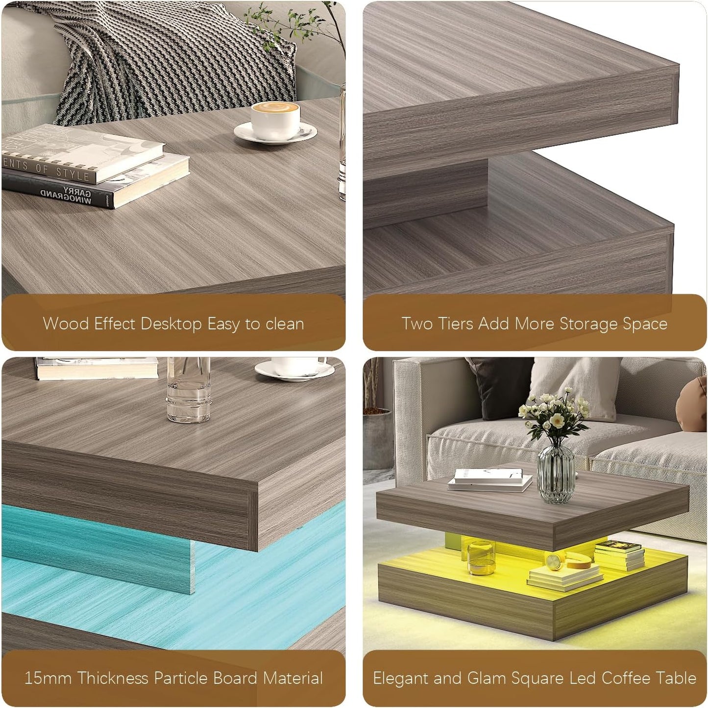 LED Coffee Table for Living Room, Living Room -Grey Wood