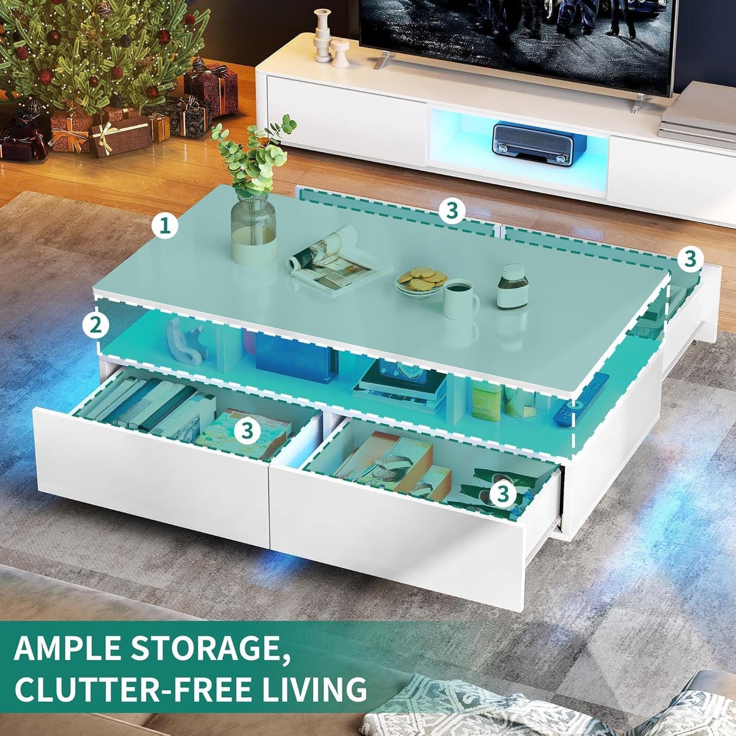 LED Coffee Tables for Living Room, High Glossy Coffee Table with Storage 4 Sliding Drawers, Small Rectangular LED Coffee Table Center Table with Open Display Shelf