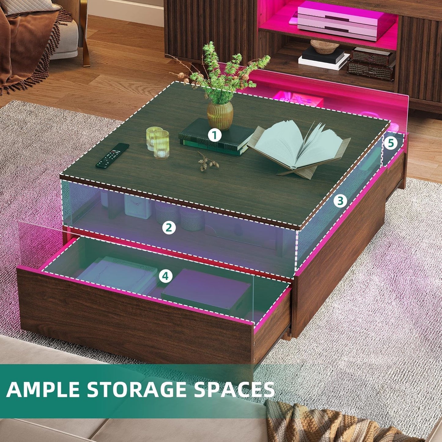 LED Coffee Tables for Living Room with Storage 2 Drawers, Brown color