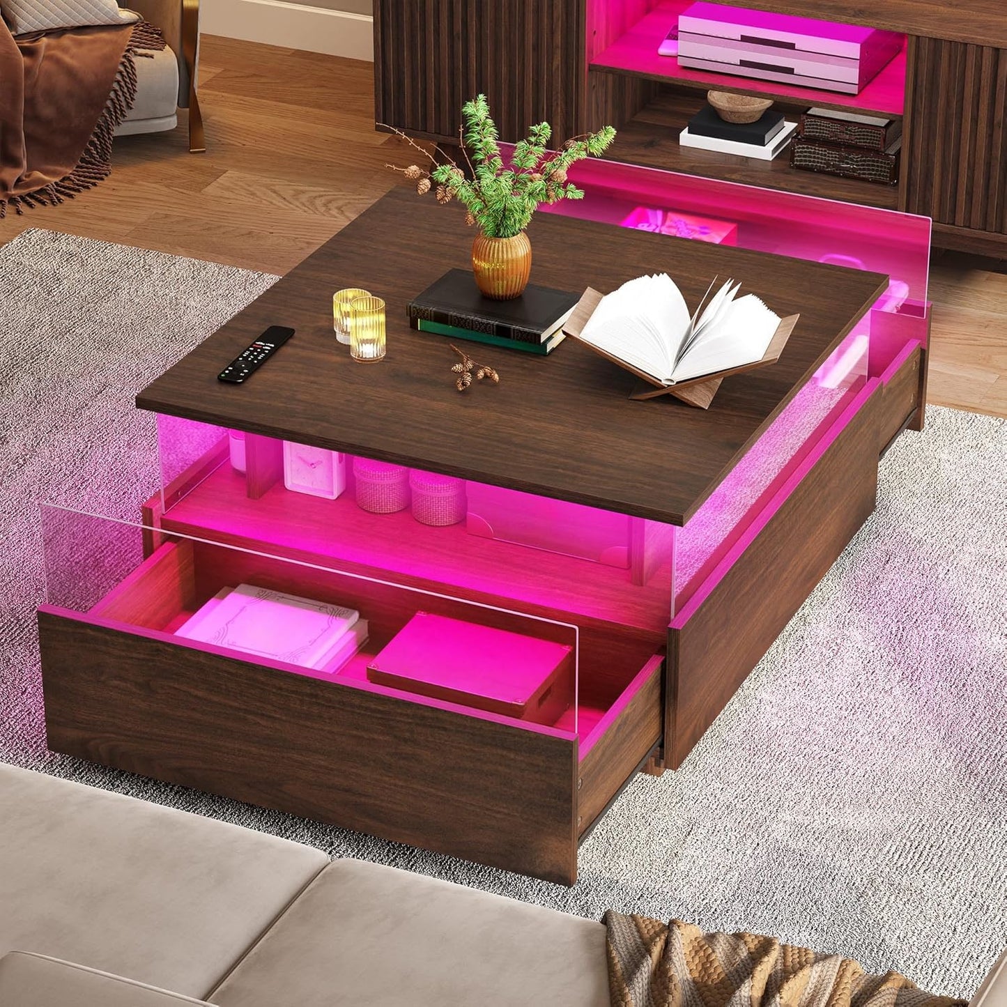 LED Coffee Tables for Living Room with Storage 2 Drawers, Brown color