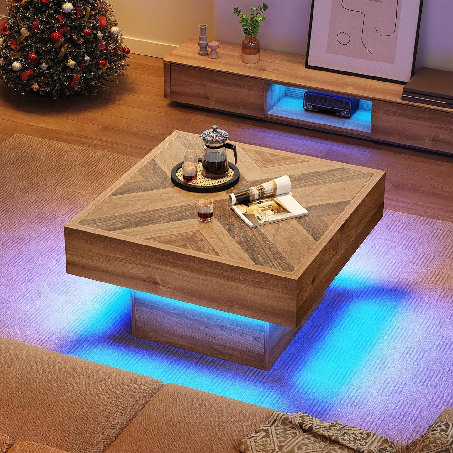 LED Natural Wood Coffee Table with 2 Drawers Storage, Square Modern