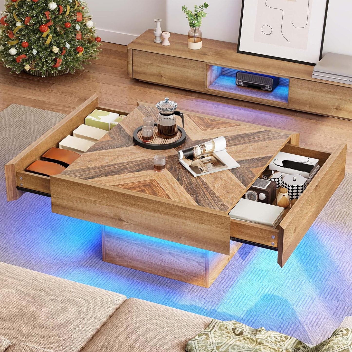 LED Natural Wood Coffee Table with 2 Drawers Storage, Square Modern