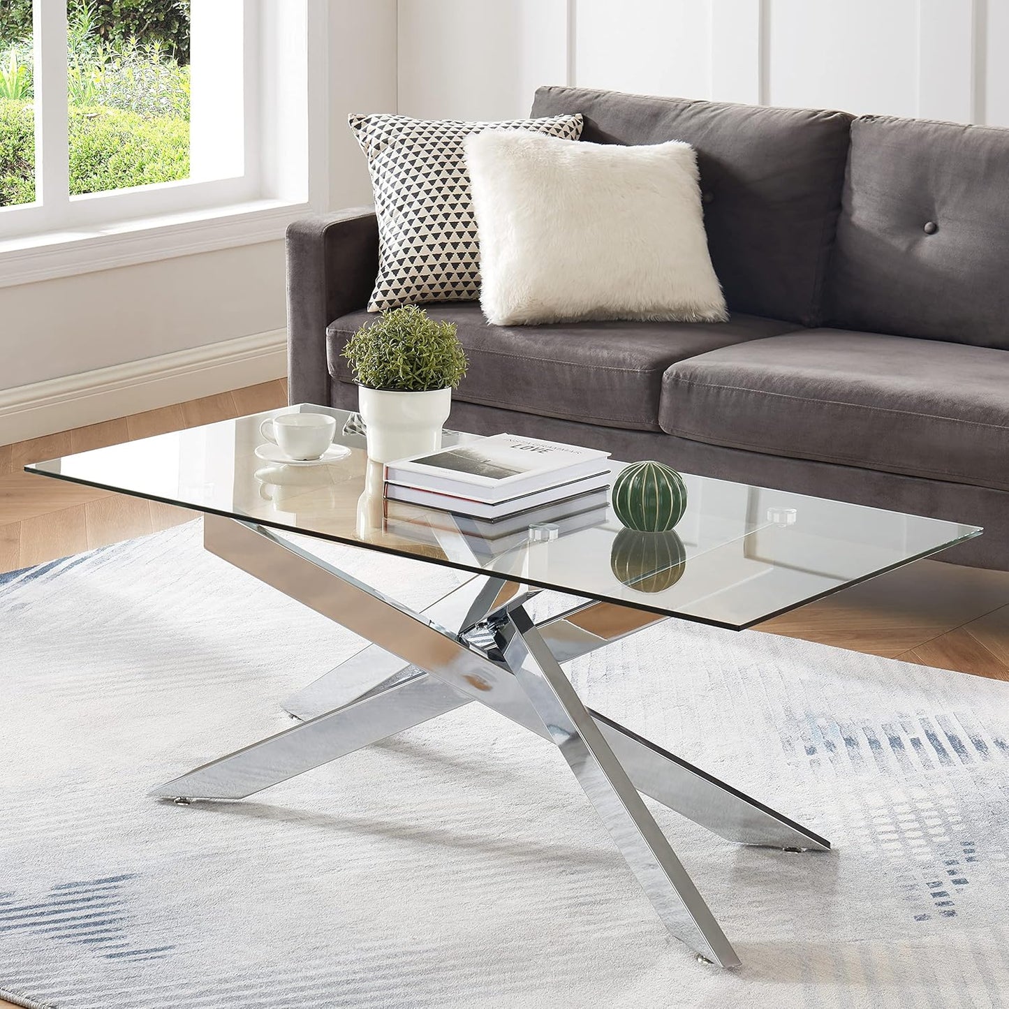 Rectangle Modern Coffee Table, Tempered Glass Top and Metal Tubular Leg,