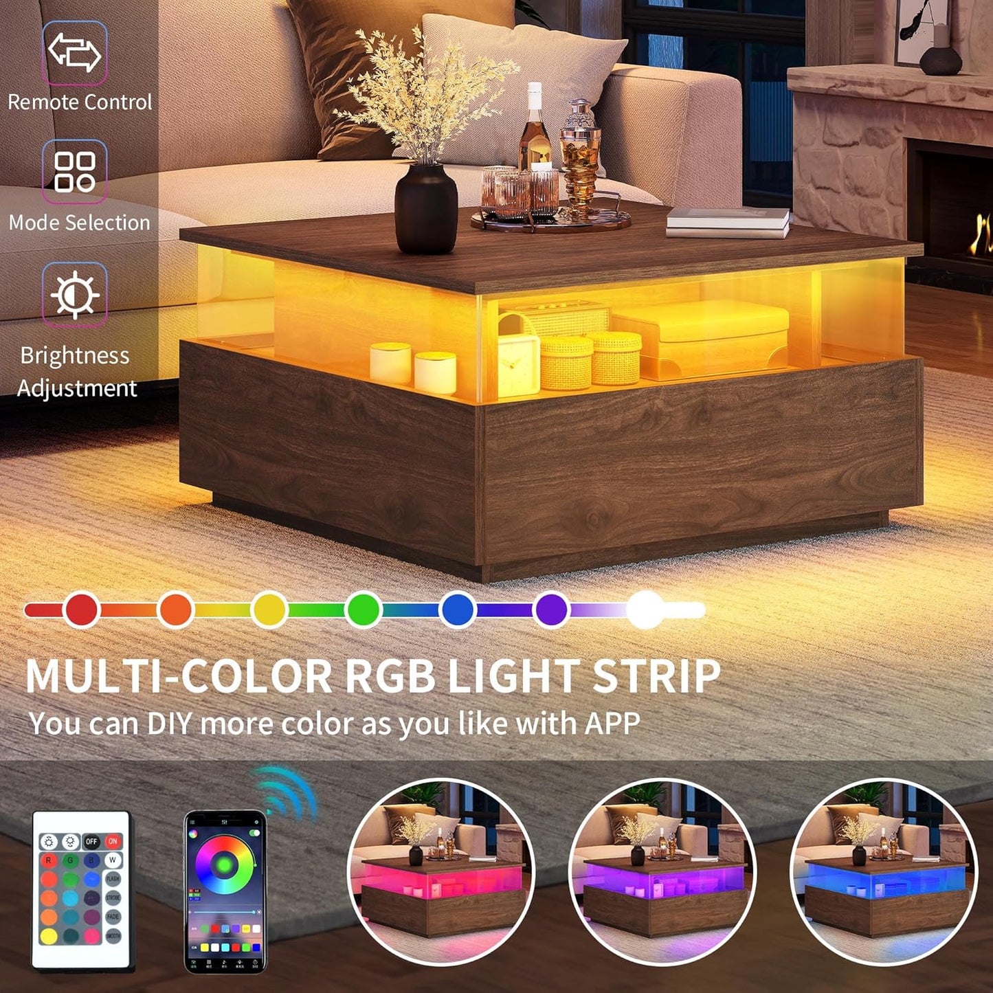 LED Coffee Tables for Living Room with Storage 2 Drawers, Brown color