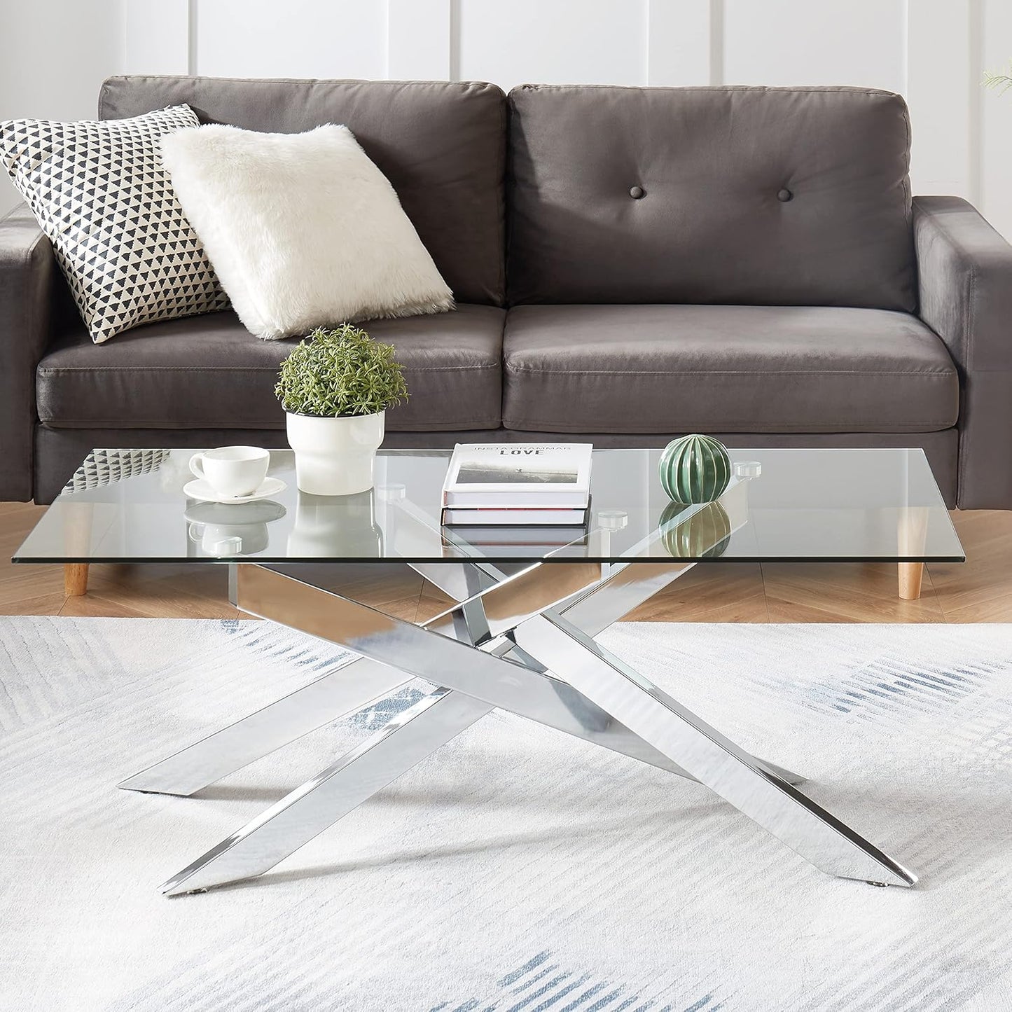 Rectangle Modern Coffee Table, Tempered Glass Top and Metal Tubular Leg,