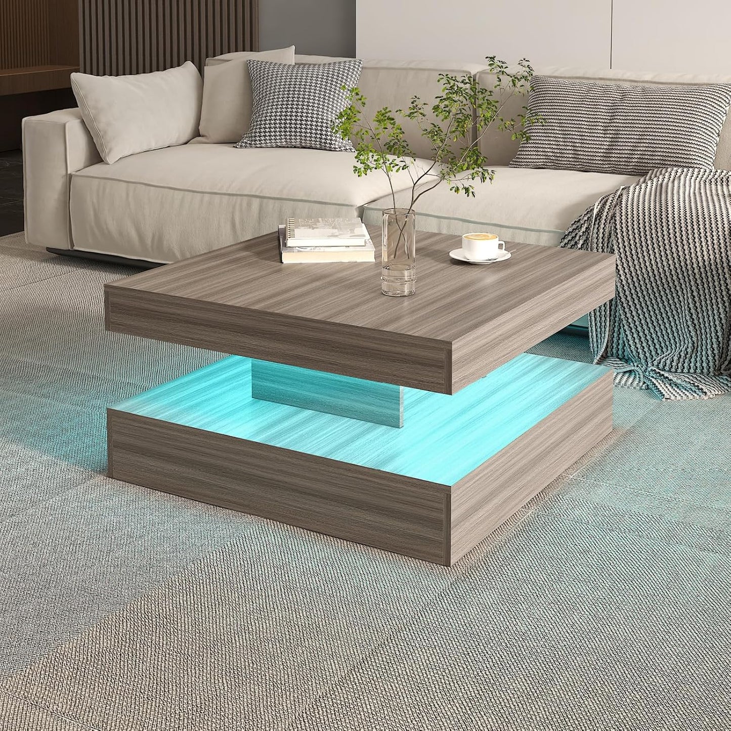 LED Coffee Table for Living Room, Living Room -Grey Wood