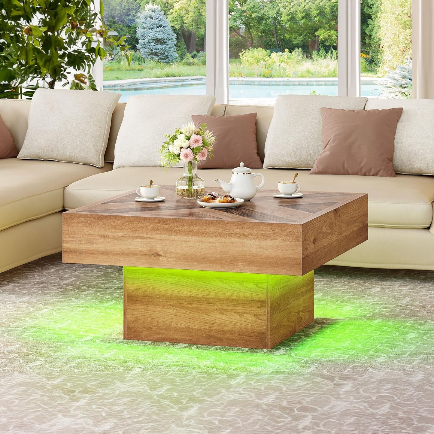 LED Natural Wood Coffee Table with 2 Drawers Storage, Square Modern