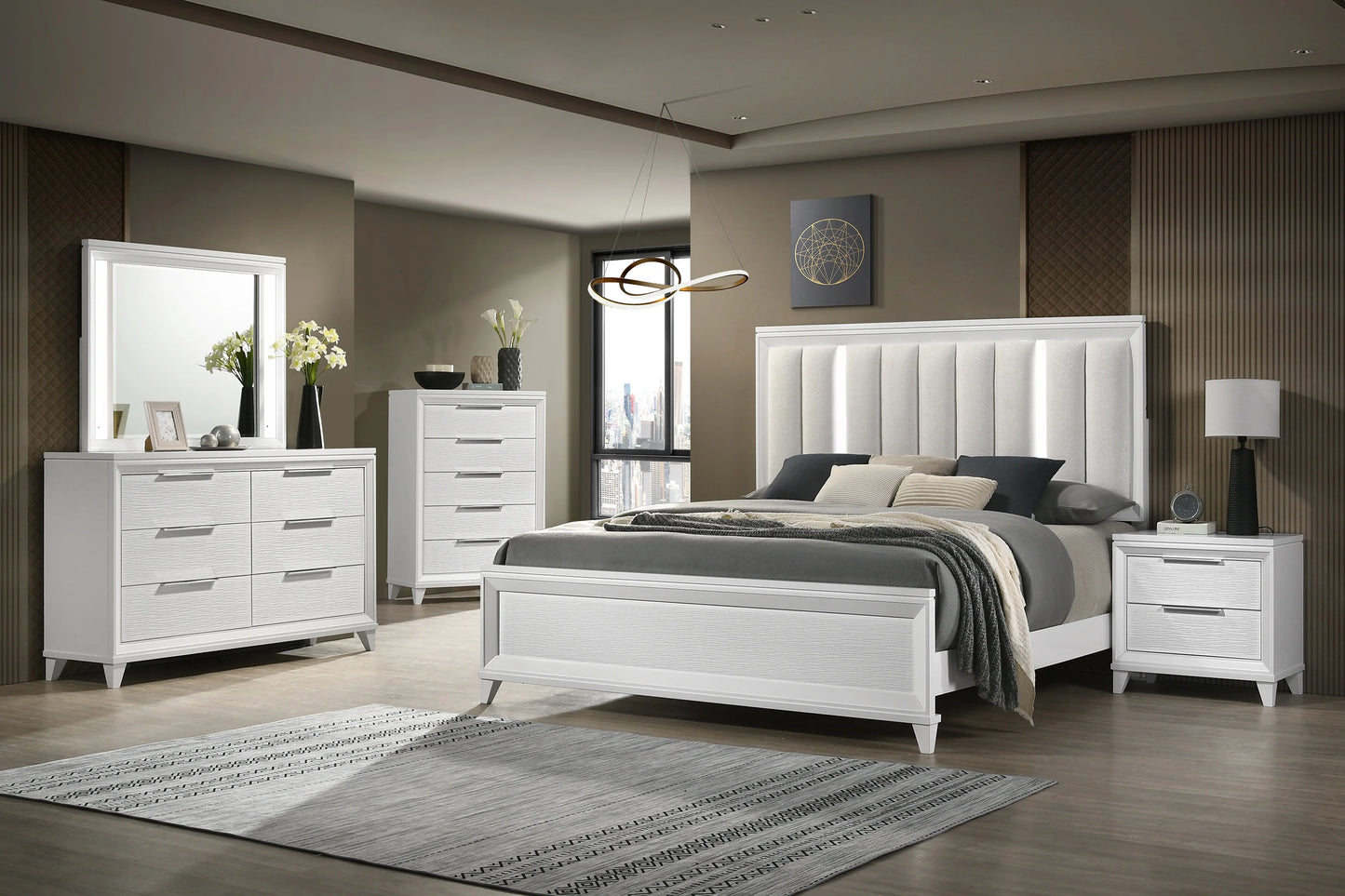 B11 5cs White Led upholdster bedroom set