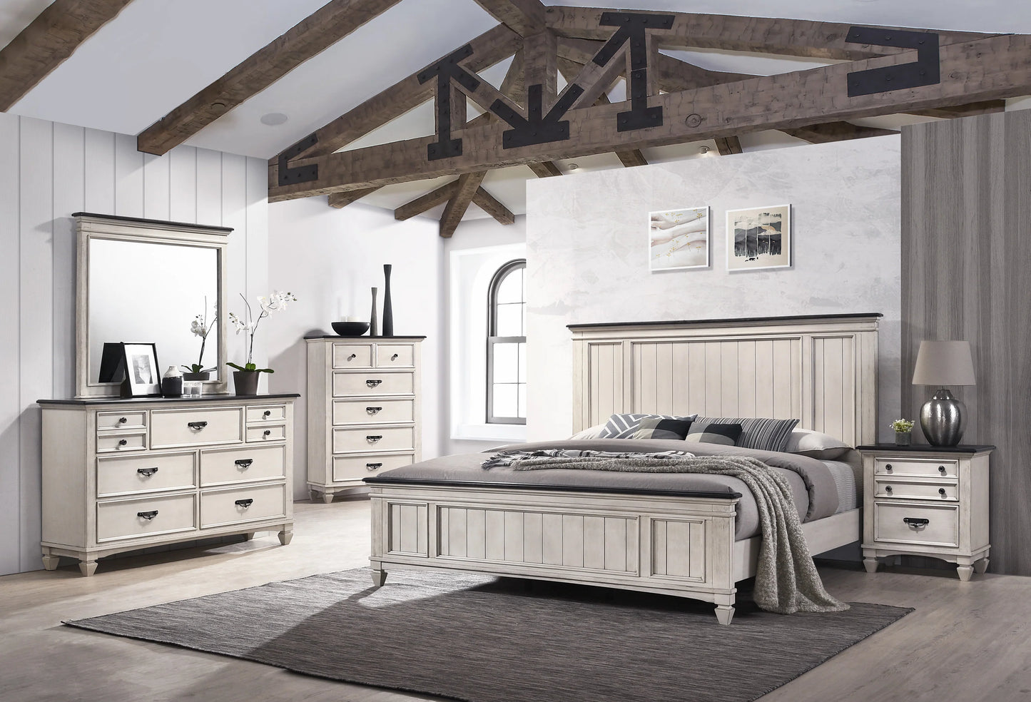 B9 5 pcs White/Brown Panel Bedroom Set