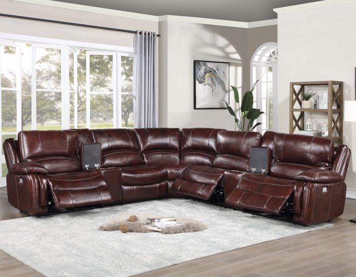 merlot leather Dual-Power 6-Piece Leather Sectional, Brown