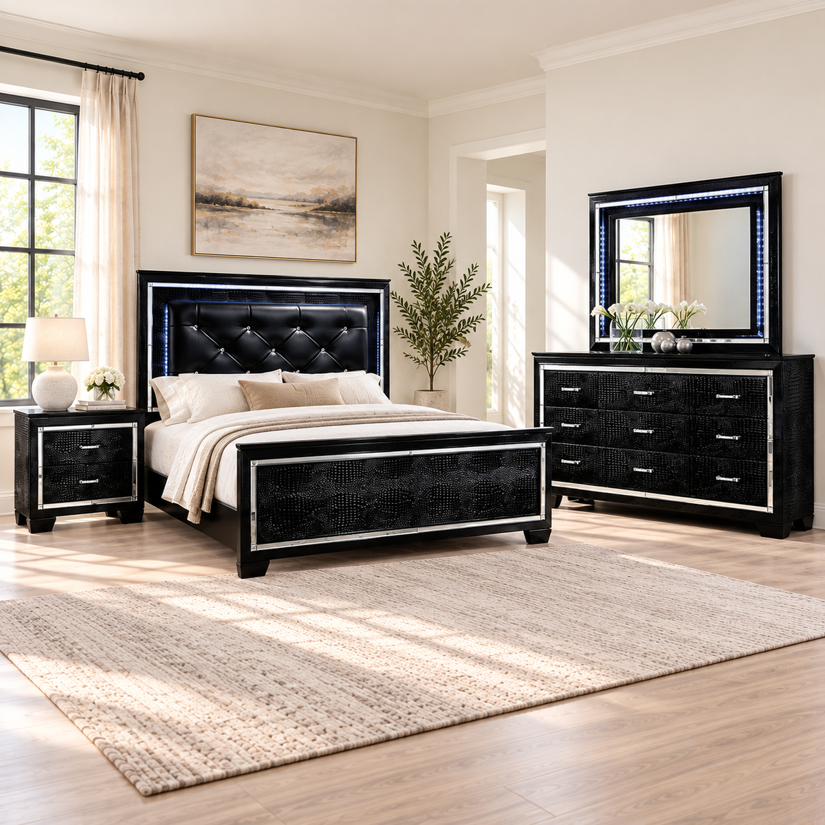 FoA Obsidian Arc LED Upholstered Bedroom Set | 4PC Queen | Black |