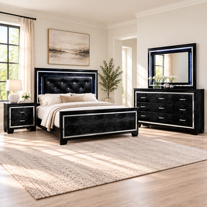 FoA Obsidian Arc LED Upholstered Bedroom Set | 4PC Queen | Black |