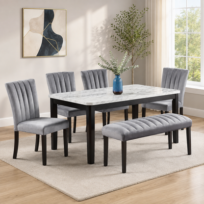 Torino Faux Marble Dining Set | Bench + 4 Chairs | Silver Vein