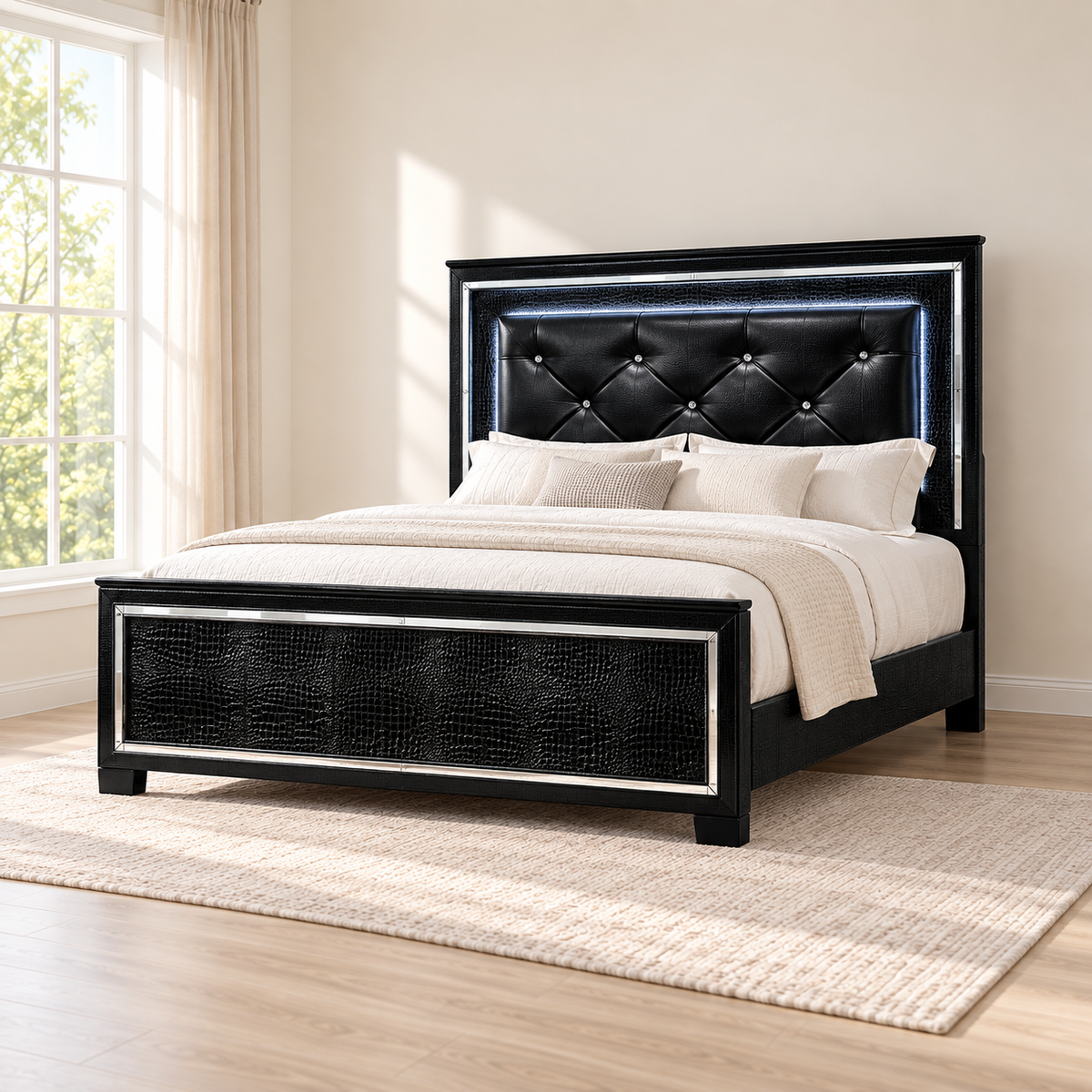 FoA Obsidian Arc LED Upholstered Bedroom Set | 4PC Queen | Black |