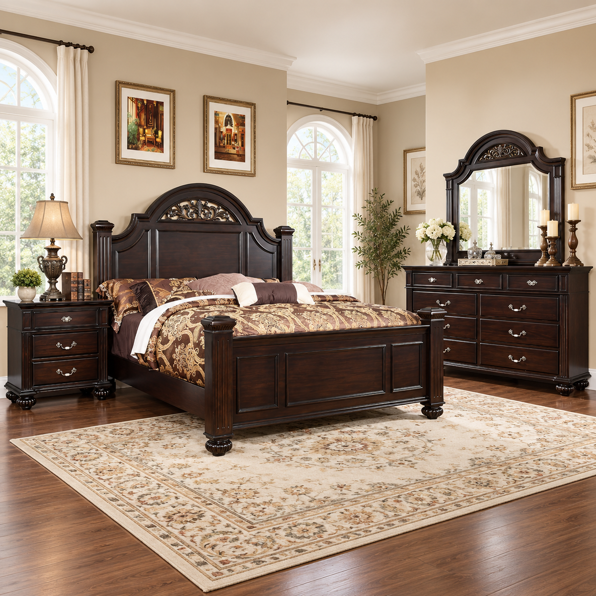 FoA Laurelcrest Queen Floral Panel Bedroom Set | 4PC | Dark Walnut |