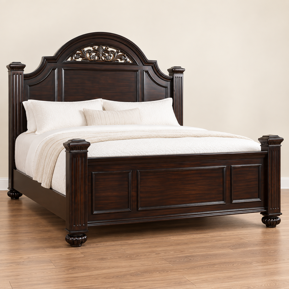 FoA Laurelcrest Queen Floral Panel Bedroom Set | 4PC | Dark Walnut |