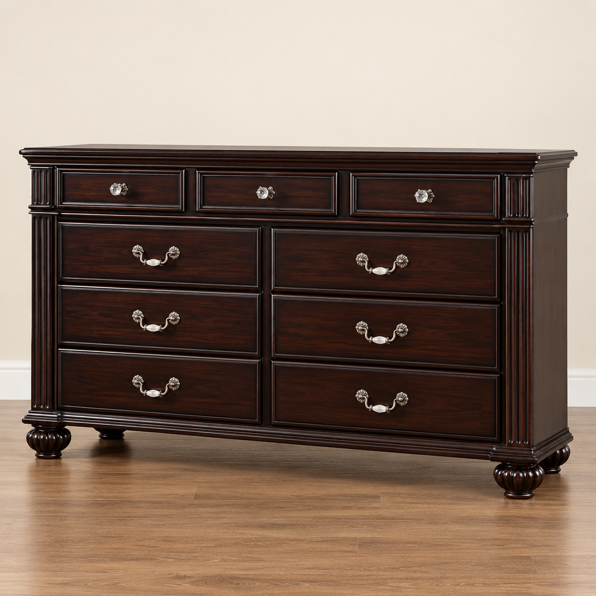FoA Laurelcrest Queen Floral Panel Bedroom Set | 4PC | Dark Walnut |